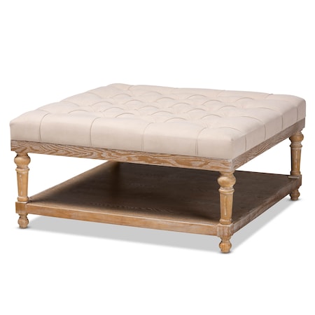 Baxton Studio Kelly Beige Linen Upholstered and Greywashed Wood Cocktail Ottoman 164-10649